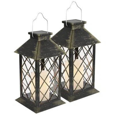 Lavish Home Solar Lantern Set – 2-pack Hanging Or Tabletop Water-resistant Outdoor Lantern With Led Pillar Candl In Brown