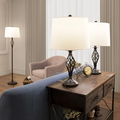 Lavish Home Table And Floor Lamps – Set Of 3 Spiral Cage Design Lights For Living Room, Bedroom, Or Entry With L In Bronze