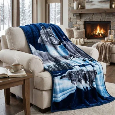 Lavish Home Wolf Blanket - 74x91-inch Printed Winter Wolf Blanket - Plush Thick 7.5lb Faux Mink Queen Throw Blan In Blue;gray