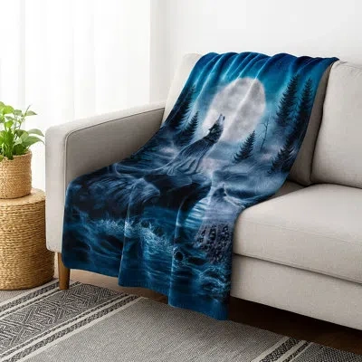 Lavish Home Wolf Blanket - 80x92-inch Printed Howling Wolf Moon Blanket - Plush Thick 8lb Faux Mink Queen Throw  In Blue
