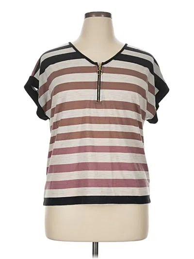 Pre-owned Lavish Short Sleeve Top Brown Stripes Pattern V Neck Tops