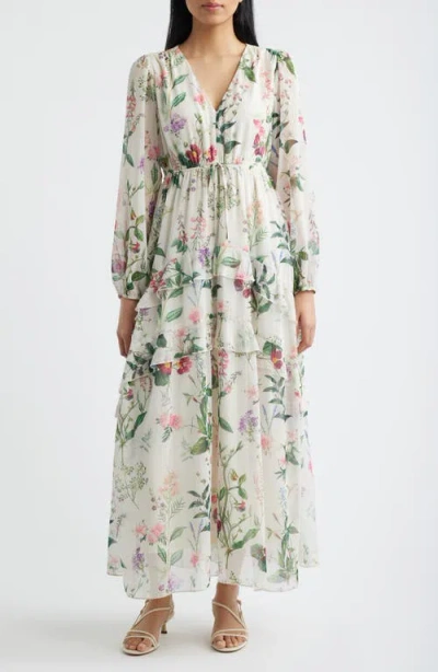 Layered With Love Alice Floral Long Sleeve Drawstring Waist Maxi Dress In Multi