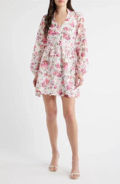Layered With Love Bianca Floral Printed Long Sleeve Lace Minidress In Multi