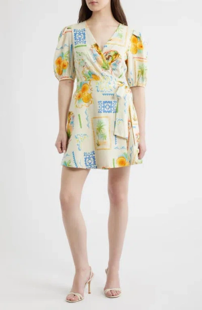 Layered With Love Caterina Postcard Print Linen & Cotton Wrap Minidress In Multi