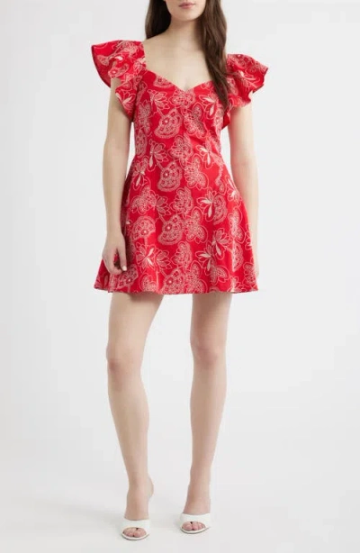 Layered With Love Giovana Floral Embroidery Flutter Sleeve Cotton Minidress In Red