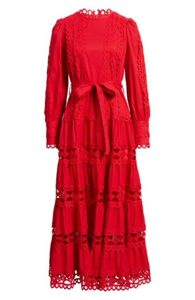 Layered With Love Lace Trim Long Sleeve Cotton Maxi Dress In Red