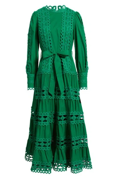 Layered With Love Lace Trim Long Sleeve Cotton Maxi Dress In Green