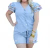 Layerz Clothing Alaina Embroidered Flutter Sleeve Button Up Top In Blue / Burnt Orange In Multi
