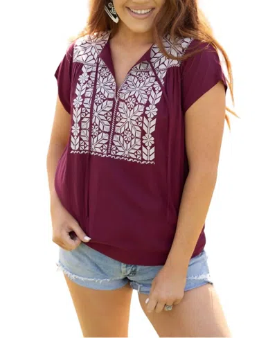 Layerz Clothing Aztec Embroidered Top In Maroon In Burgundy