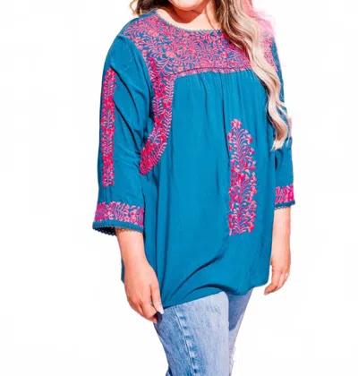 Layerz Clothing Becky Crew Neck Top In Teal / Pink In Blue