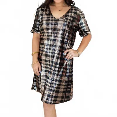 Layerz Clothing Cadence Sequin Plaid Dress In Brown In Animal Print
