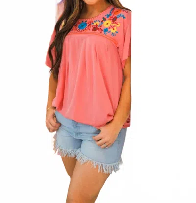 Layerz Clothing Clementine Embroidered Neck Top In Coral In Pink