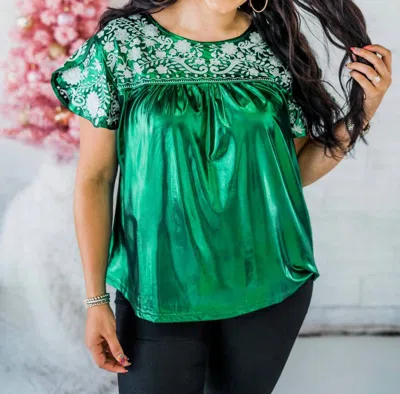 Layerz Clothing Embroidered Metallic Top In Green