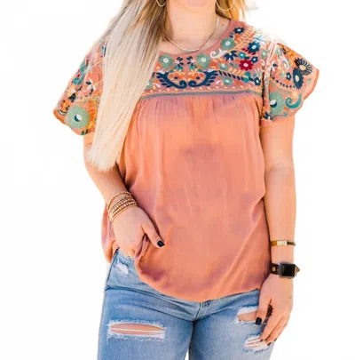 Layerz Clothing Embroidered Butterfly Sleeve Top In Camel In Pink