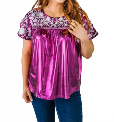 Layerz Clothing Embroidered Metallic Top In Pink