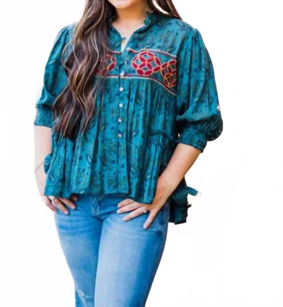 Layerz Clothing Embroidered Paisley Top In Teal In Blue