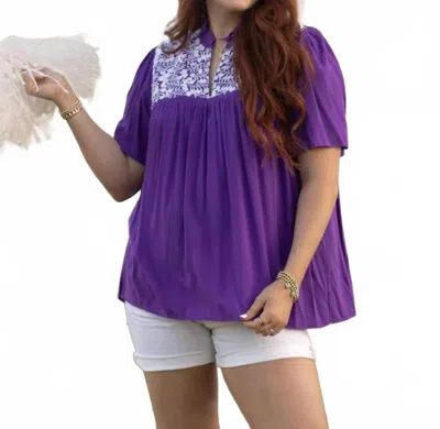 Layerz Clothing Embroidered Ruffle Collar Top In Purple