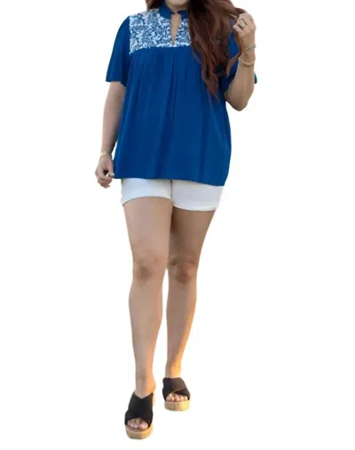 Layerz Clothing Embroidered Ruffle Collar Top In Royal In Blue