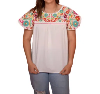 Layerz Clothing Embroidered Shimmer Butterfly Sleeve Top In White In Multi