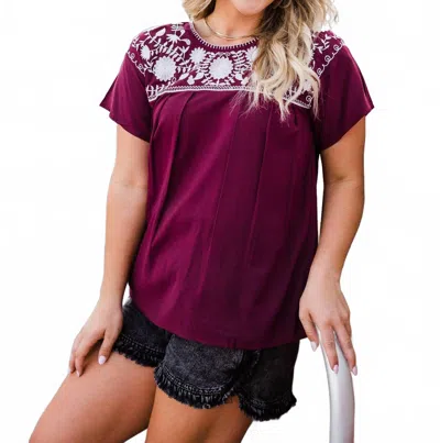Layerz Clothing Embroidered Short Sleeve Top In Maroon In Brown