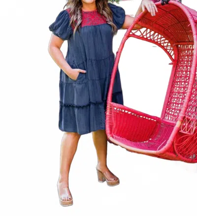 Layerz Clothing Embroidered Tiered Denim Dress In Pink In Blue