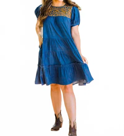 Layerz Clothing Embroidered Tiered Dress In Denim In Blue