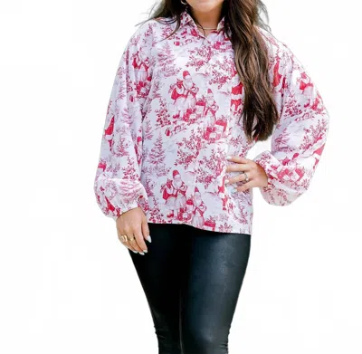 Layerz Clothing Emery Long Sleeve Top In Red Toile Santa In Pink