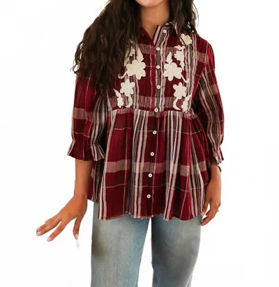 Layerz Clothing Faye Peplum Button Up Top In Maroon In Multi