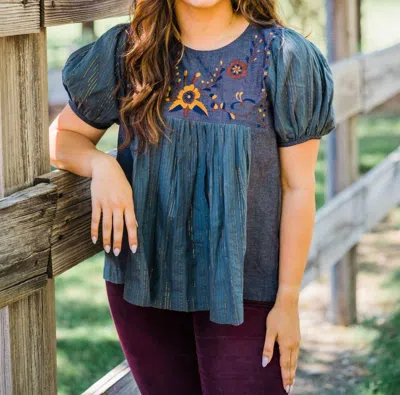 Layerz Clothing Floral Embroidered Short Sleeve Top In Navy In Blue