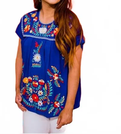 Layerz Clothing Floral Embroidered Short Sleeve Top In Royal In Blue