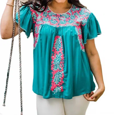 Layerz Clothing Flutter Sleeve Embroidered Top In Turquoise In Blue
