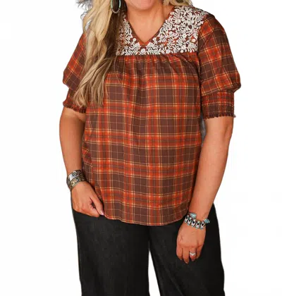 Layerz Clothing Grace Embroidered Top In Brown Plaid In Multi