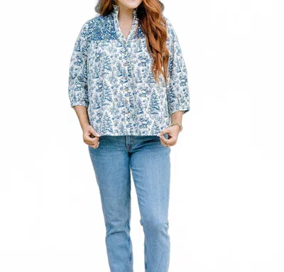Layerz Clothing Jane Button Up Top In Blue Santa Toile