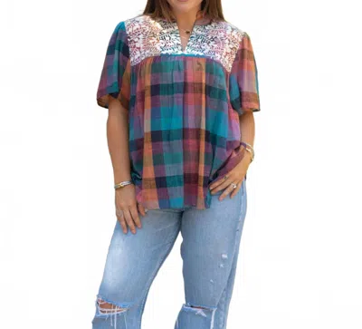 Layerz Clothing Micah Embroidered Plaid Top In Blue In Multi