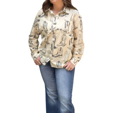 Layerz Clothing Roper Button Up Top In Crea/grey In Multi