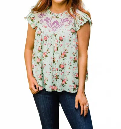 Layerz Clothing Ruffle Embroidered Top In Mint In Multi