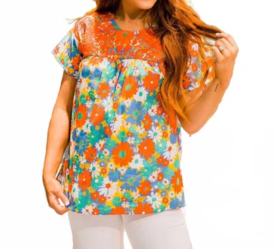 Layerz Clothing Short Sleeve Embroidered Top In Daisy In Multi
