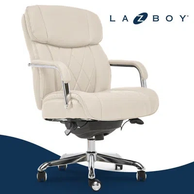 La-z-boy Sutherland Quilted Leather Executive Office Chair With Padded Arms, High Back Ergonomic Desk Chair W In Light Ivory Bonded Leather