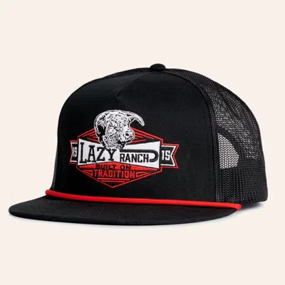 Lazy J Ranch Wear Black & Red Patch & Rope Flat Bill Mesh Cap