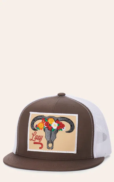 Lazy J Ranch Wear Brown & White Floral Skull Snapback Cap