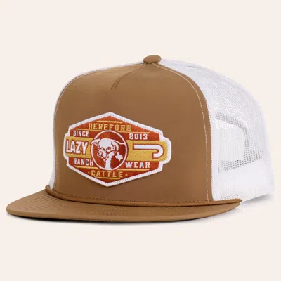 Lazy J Ranch Wear Tan & White Pecos Patch Flat Bill Rope Trucker Cap In Brown