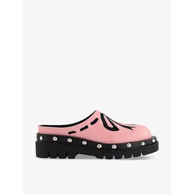 Lazy Oaf Womens Pink Pretty Tough Bow-embroidered Vegan-leather Clogs