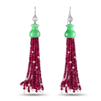 Lb Exclusive 11.50ct Briolette Diamond, Ruby And Jade Tassel Earrings Mf08-072524 In Red