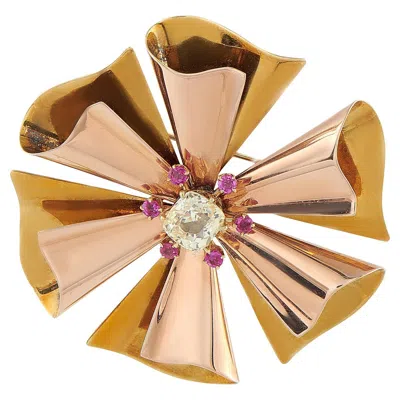 Pre-owned Lb Exclusive 14k Rose And Yellow Gold 3.0ct Yellow Sapphire And Ruby Brooch Mf15-021926