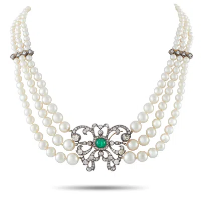 Lb Exclusive 14k Rose Gold And Silver 4.50 Ct Diamond, 1.50 Ct Emerald, And Pearl Choker Necklace Mf12-012726 In White