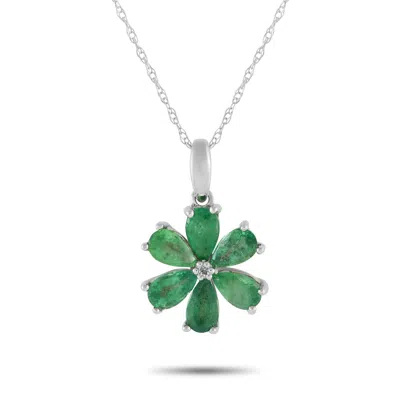 Lb Exclusive 14k White Gold 0.01ct Diamond And Emerald Flower Necklace Ps01-110723 In Green