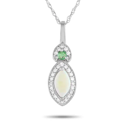 Lb Exclusive 14k White Gold 0.07ct Diamond, Opal, And Emerald Pendant Necklace Pd4-16299wopem In Metallic