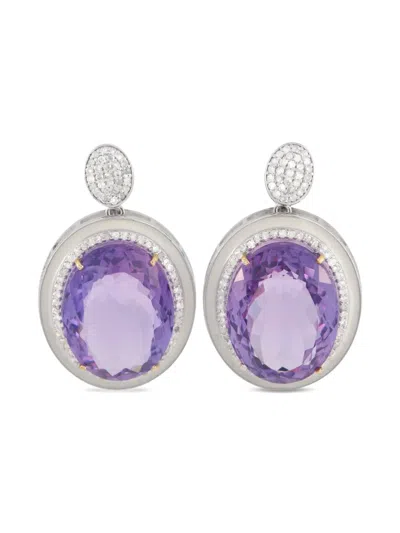 Pre-owned Lb Exclusive 14k White Gold Amethyst Diamond Earrings In Silver