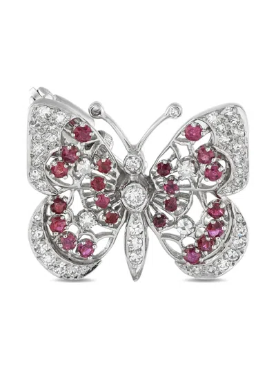 Pre-owned Lb Exclusive 14k White Gold Butterfly Diamond And Ruby Brooch In Silver