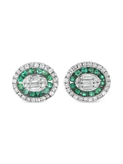 Pre-owned Lb Exclusive 14k White Gold Diamond And Emerald Earrings In Silver
